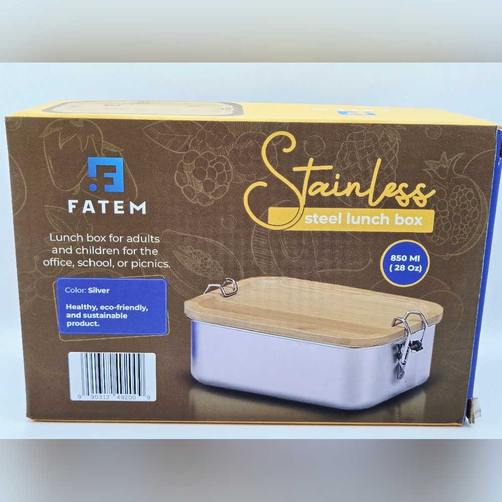 FATEM Stainless Steel Lunch Box with Bamboo Lid - Silver and Natural Wood - Picture 3 of 8